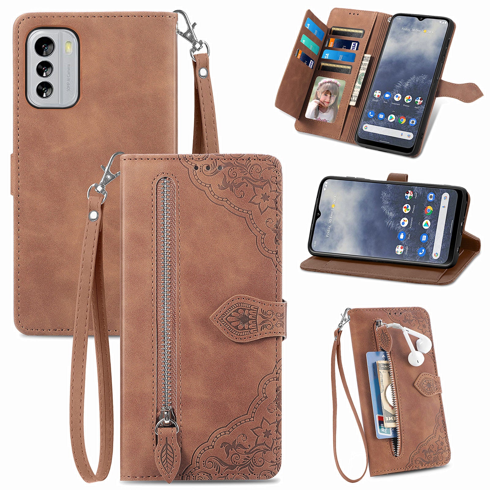 Anti-fall Flip Leather Phone Case For Nokia G60 5G Flower Imprinted Pattern Zipper Pocket Cell Phone Cover Stand Wallet Anti-fall Flip Leather Phone Case For Nokia G60 5G Flower Imprinted Pattern Zipper Pocket Cell Phone Cover Stand Wallet